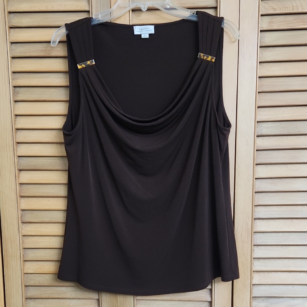 Tahari Brown Sleeveless Blouse with Gold Accents
